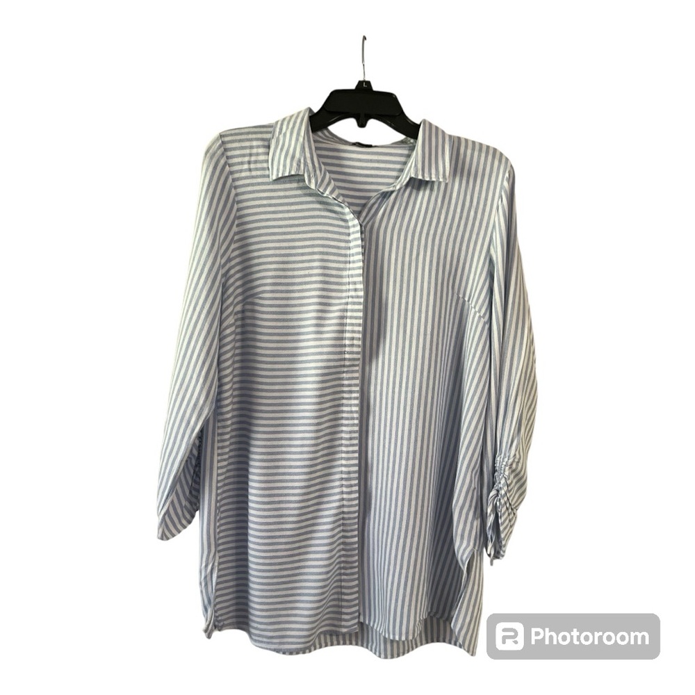 Button Down Tunic Dress Shirts New Directions Beachy Blue/White Stripe, size PL